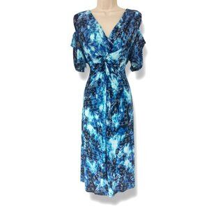 Catherines Blue Print Cold Shoulder Twist Knot Midi Dress Size 5X 34/36W Plus Sz
